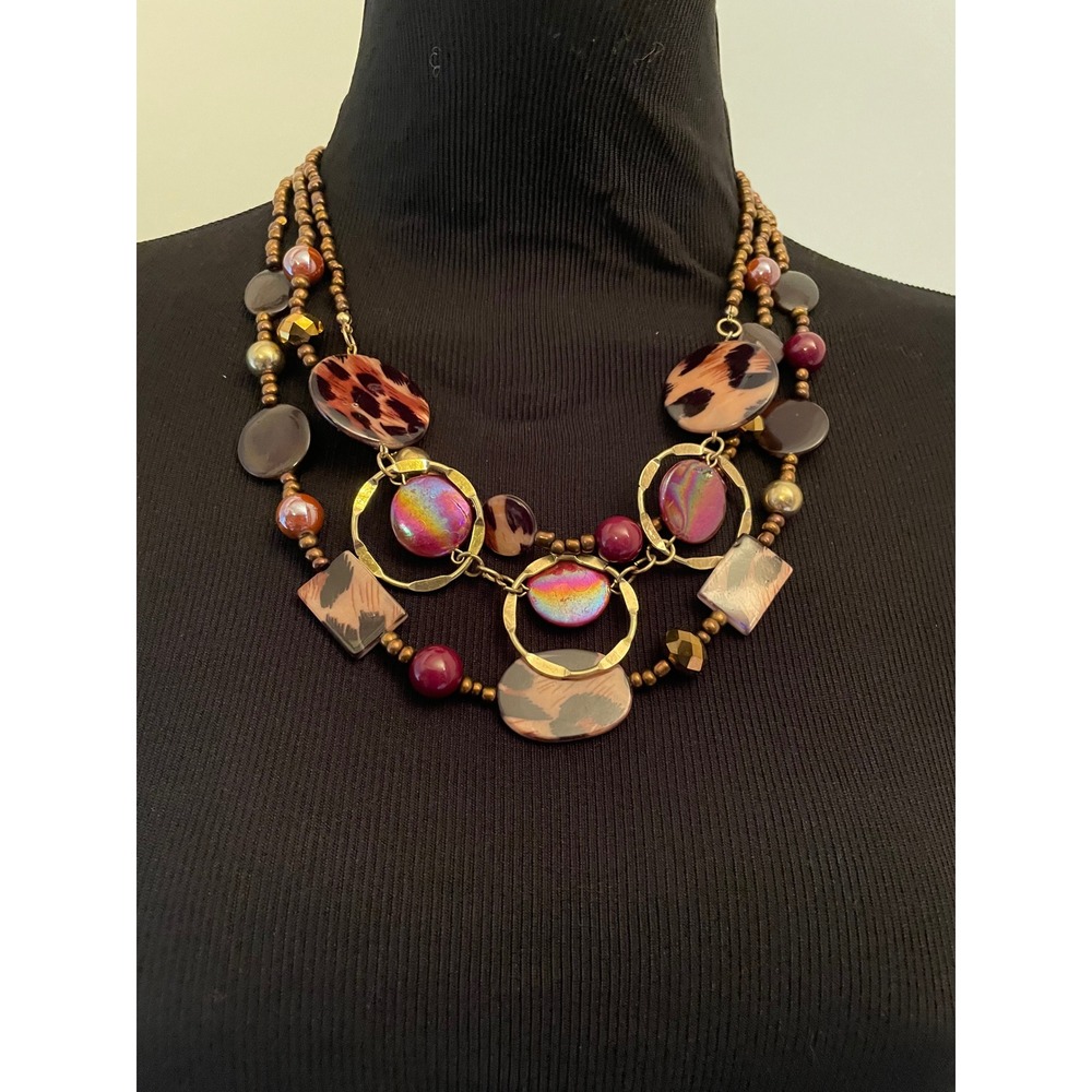 Jules B Womens Multi Strand Statement Necklace Animal Print Iridescent Gold Tone